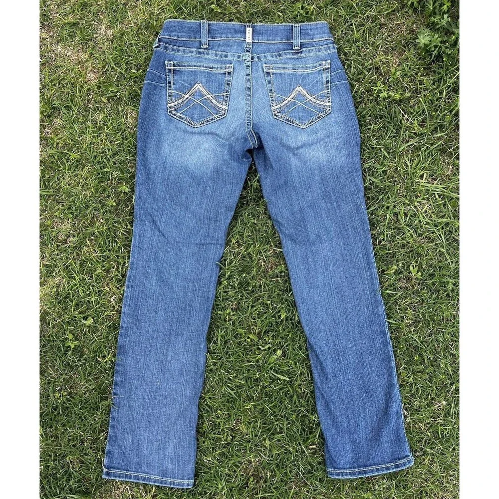 ARIAT WOMEN'S MID RISE ICON STACKABLE STRAIGHT STRETCH DENIM RIDING JEANS 31R - Picture 2 of 11